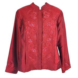 Chicos Blazer Womens 2 Large Red Shirt Jacket Sequins Mandarin Collar Pockets